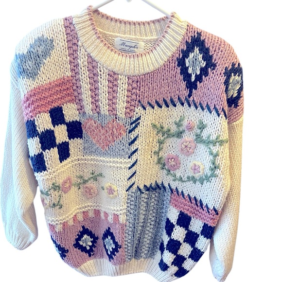 Vintage Cream Chunky Knit Patchwork Pattern with Pinks & Blues by Margules.Large - Picture 1 of 7